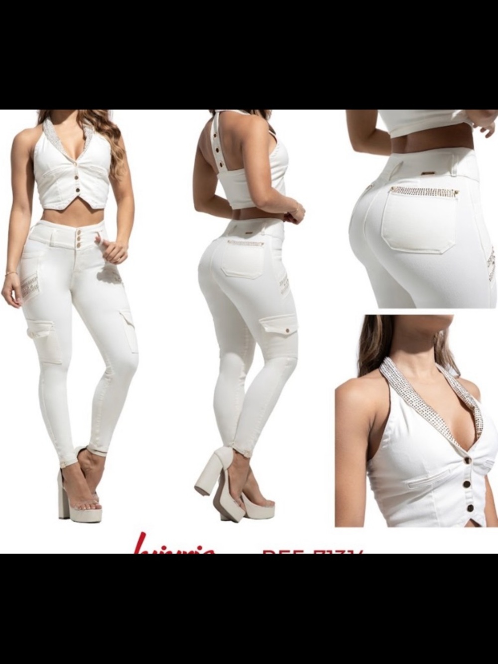 White Embellished High-Waist Skinny Jeans and Matching Crop Top Set  ivory